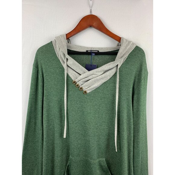 Miagooo XL Green & Gray Hooded Long Sleeve Top With Buttons & Pocket For Women - Picture 2 of 6